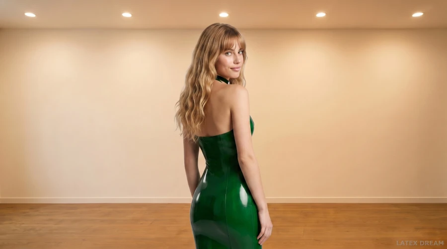 Leni in the green dress latex, AI-generated fashion visual 7