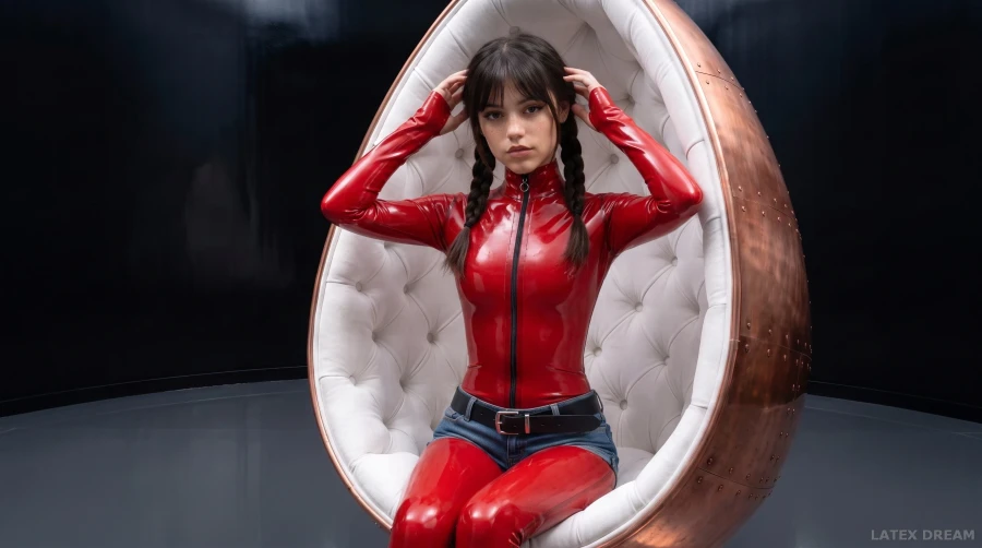 Mavi · Red Latex Catsuit & Denim Shorts Studio Editorial
