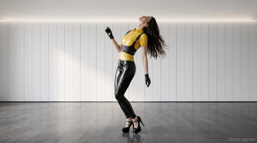 Mariel in signal yellow latex, AI-generated fashion visual 3