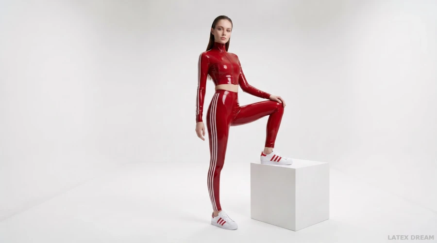 Lunea in cherry red latex sports luxe editorial, AI-generated fashion visual 1