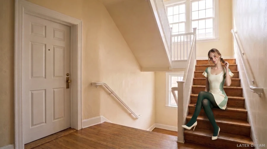 Elodie in soft green latex at home, AI-generated fashion visual 3